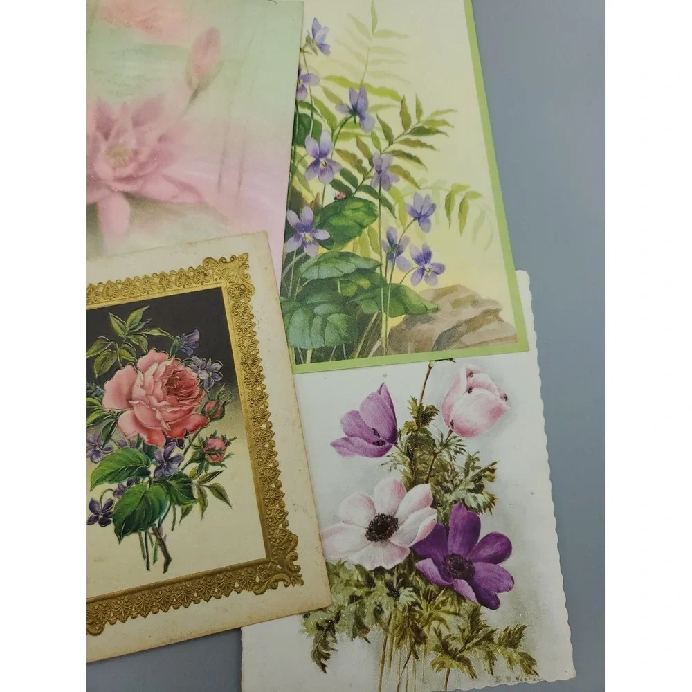14 Old Vintage Used Greeting Card Fronts for Crafts‎ Flowers Lotus Rose Violet